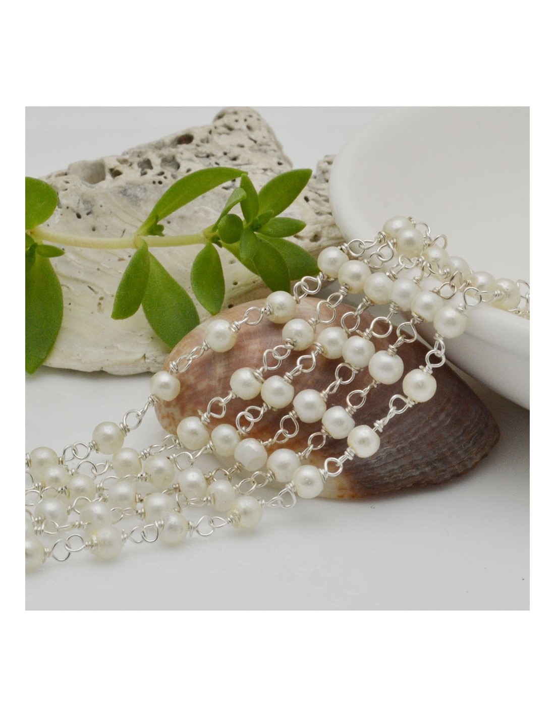 Catene rosario con filo argento e perle bianche