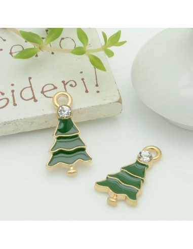 Ciondolo a forma di albero di Natale smaltato con base oro 13x18mm