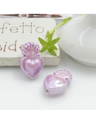Perla a forma di cuore sacro in ceramica luminosa e smaltata colore lilla  16 x 10 mm 2 pz Gioie d'Oriente