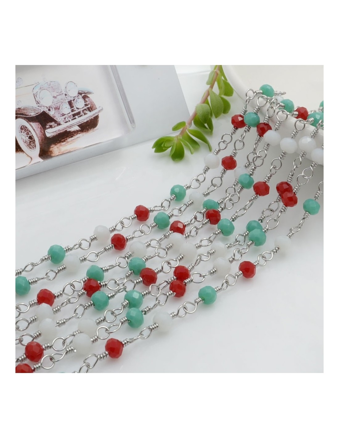 Catena rosario in acciaio concatenata con cristalli 4 mm colore mix 50 cm  per le tue creazioni!! Gioie d'Oriente